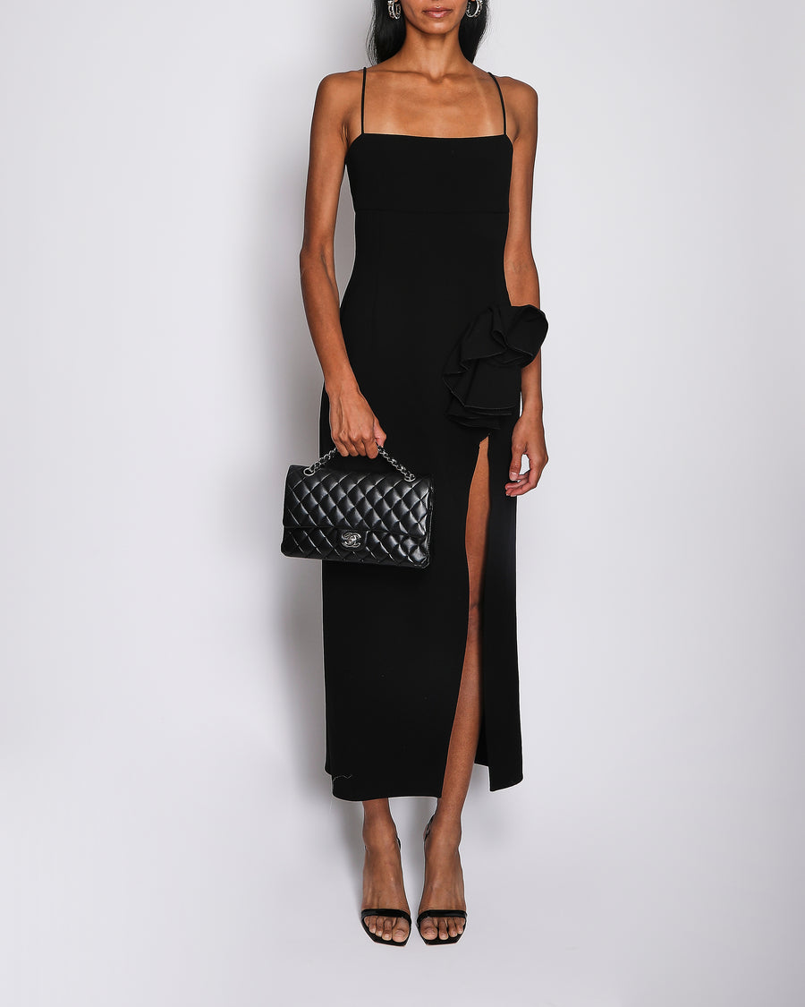 Magda Butrym Black Silk Asymmetric Maxi Dress with Ruffle, Buttons and Flower Applique Size FR 34 (UK 6)