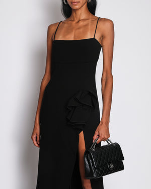 Magda Butrym Black Silk Asymmetric Maxi Dress with Ruffle, Buttons and Flower Applique Size FR 34 (UK 6)