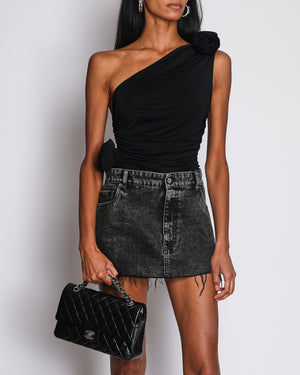 Magda Butrym Black One-Shoulder Short Sleeve Top with Flower Appliques Size FR 36 (UK 8)