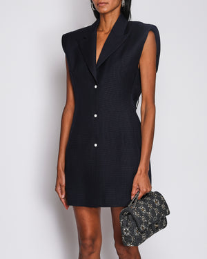 Prada Navy Sleeveless Wool Mini Dress with Padded Shoulders and Brown Accent Details Size IT 38 (UK 6)