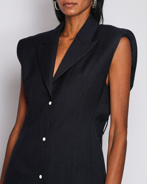 Prada Navy Sleeveless Wool Mini Dress with Padded Shoulders and Brown Accent Details Size IT 38 (UK 6)