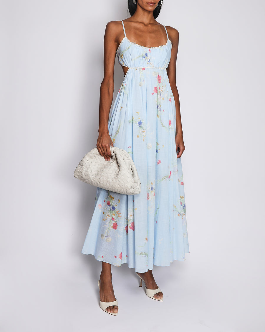 Zimmermann Light Blue Cut-Out Maxi Dress with Multi-Colour Floral Prints and White Lace Trim Detail Size 1 (UK 10)