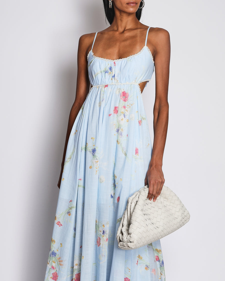 Zimmermann Light Blue Cut-Out Maxi Dress with Multi-Colour Floral Prints and White Lace Trim Detail Size 1 (UK 10)