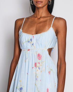 Zimmermann Light Blue Cut-Out Maxi Dress with Multi-Colour Floral Prints and White Lace Trim Detail Size 1 (UK 10)