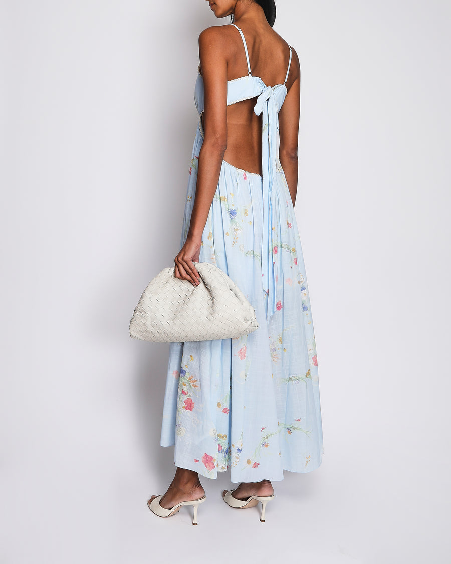 Zimmermann Light Blue Cut-Out Maxi Dress with Multi-Colour Floral Prints and White Lace Trim Detail Size 1 (UK 10)