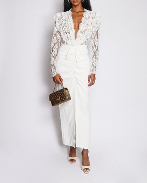 Alessandra Rich White Maxi Dress with Lace Top and Sleeves with Rouched Front Slit Size IT 44 (UK 12)