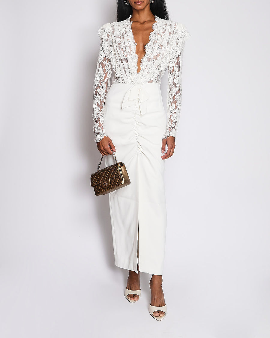 Alessandra Rich White Maxi Dress with Lace Top and Sleeves with Rouched Front Slit Size IT 44 (UK 12)