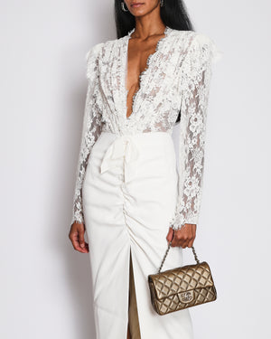 Alessandra Rich White Maxi Dress with Lace Top and Sleeves with Rouched Front Slit Size IT 44 (UK 12)