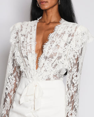 Alessandra Rich White Maxi Dress with Lace Top and Sleeves with Rouched Front Slit Size IT 44 (UK 12)