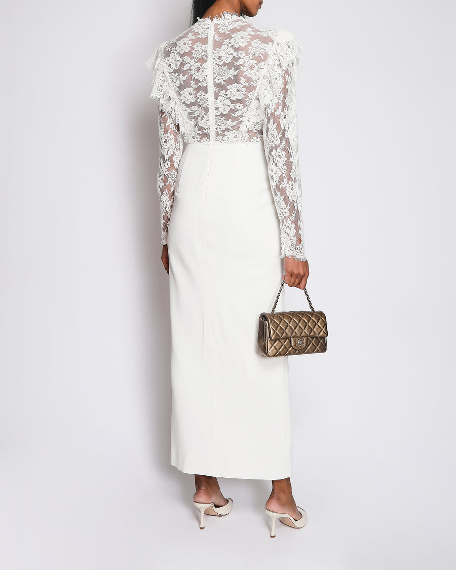 Alessandra Rich White Maxi Dress with Lace Top and Sleeves with Rouched Front Slit Size IT 44 (UK 12)