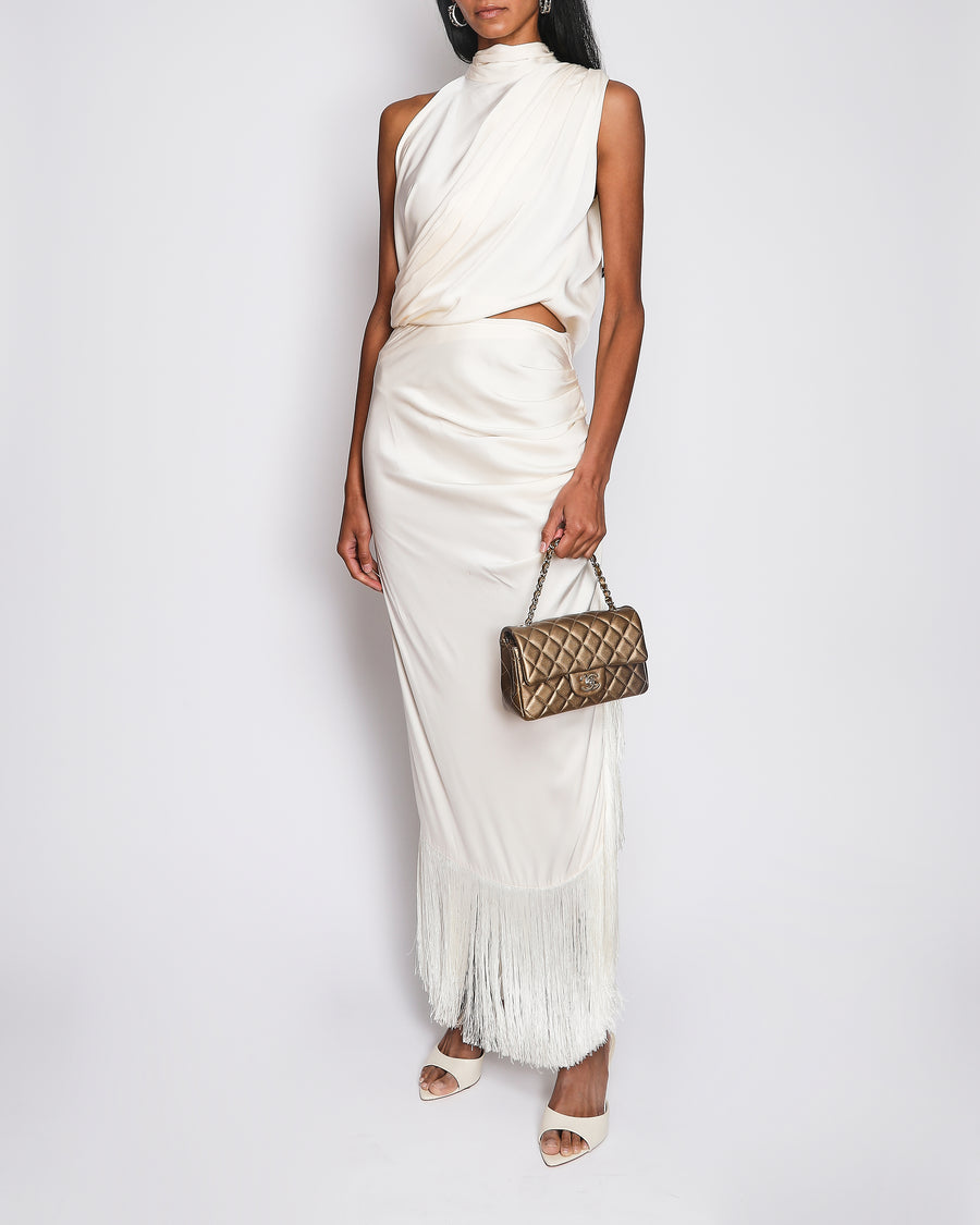 Magda Butrym White Silk Maxi Skirt with Fringed Trim and Side Slit with Ruched Detail Size FR 38 (UK 10)