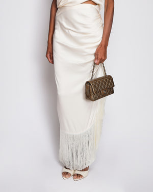 Magda Butrym White Silk Maxi Skirt with Fringed Trim and Side Slit with Ruched Detail Size FR 38 (UK 10)