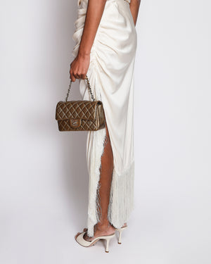 Magda Butrym White Silk Maxi Skirt with Fringed Trim and Side Slit with Ruched Detail Size FR 38 (UK 10)