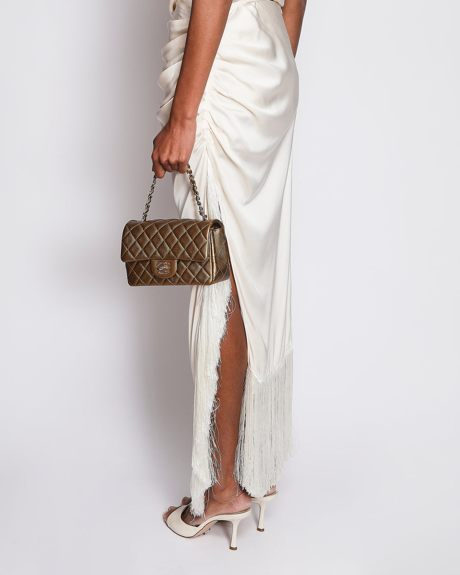 Magda Butrym White Silk Maxi Skirt with Fringed Trim and Side Slit with Ruched Detail Size FR 38 (UK 10)