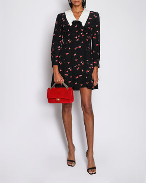 Miu Miu Black Silk Long-Sleeved Mini Dress with Pink Heart Prints and White Collar with Black Bow Detail Size IT 42 (UK 10)