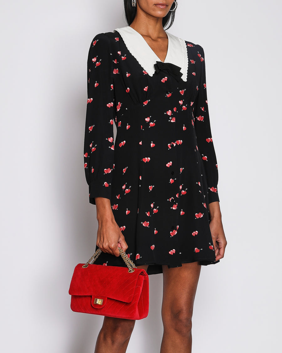 Miu Miu Black Silk Long-Sleeved Mini Dress with Pink Heart Prints and White Collar with Black Bow Detail Size IT 42 (UK 10)