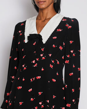 Miu Miu Black Silk Long-Sleeved Mini Dress with Pink Heart Prints and White Collar with Black Bow Detail Size IT 42 (UK 10)