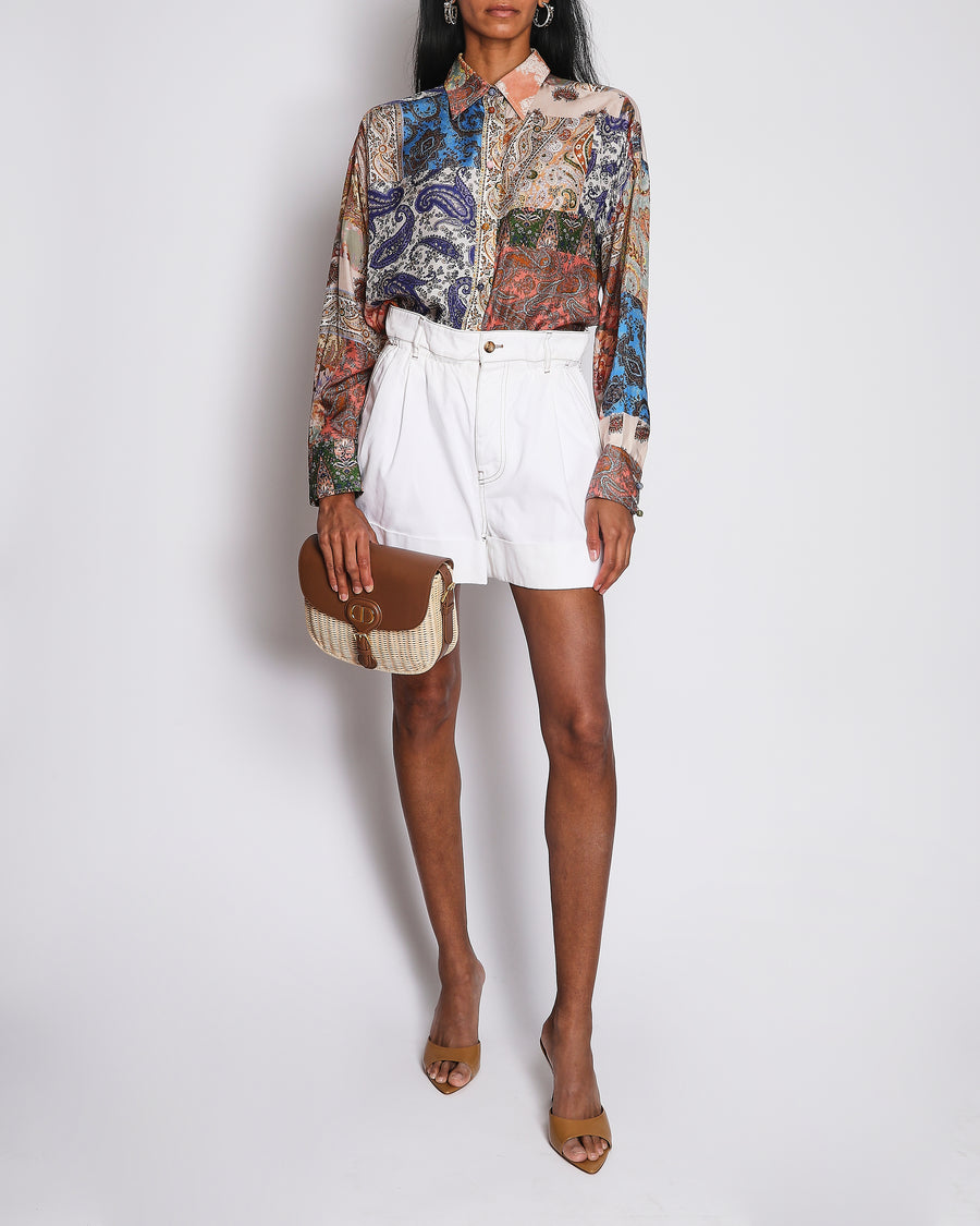 Miu Miu White Denim High-Rise Paperbag Shorts with Brown Contrast Stitch and Back Logo Print Detail Size IT 38 (UK 6)