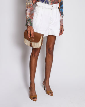 Miu Miu White Denim High-Rise Paperbag Shorts with Brown Contrast Stitch and Back Logo Print Detail Size IT 38 (UK 6)