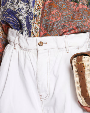 Miu Miu White Denim High-Rise Paperbag Shorts with Brown Contrast Stitch and Back Logo Print Detail Size IT 38 (UK 6)