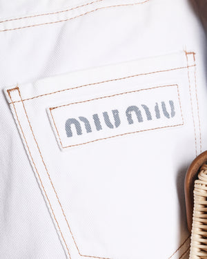 Miu Miu White Denim High-Rise Paperbag Shorts with Brown Contrast Stitch and Back Logo Print Detail Size IT 38 (UK 6)