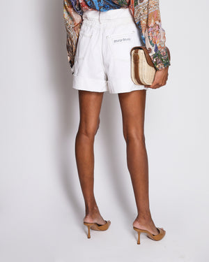 Miu Miu White Denim High-Rise Paperbag Shorts with Brown Contrast Stitch and Back Logo Print Detail Size IT 38 (UK 6)