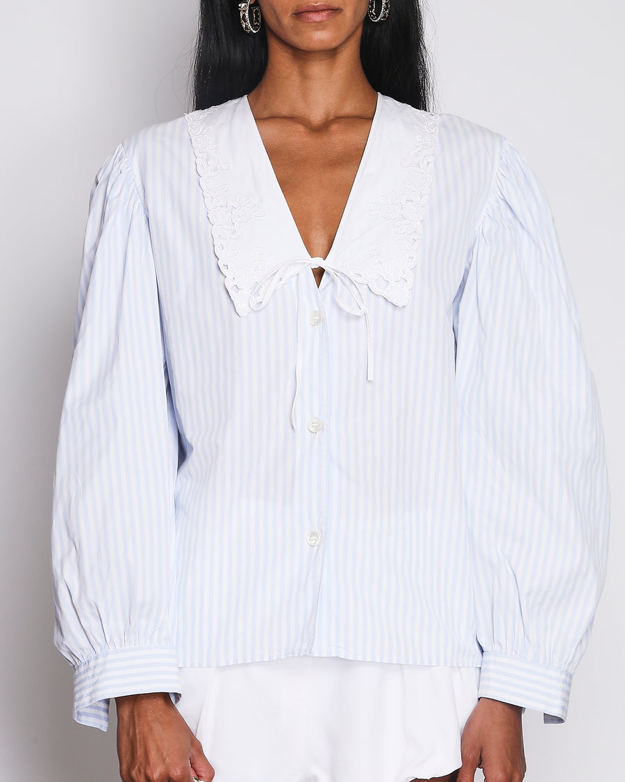 Miu Miu Light Blue and White Long-Sleeved Shirt with Embroidered Collar and Pearl Buttons with Front Tie Detail and Back Logo Print Size IT 42 (UK 10)