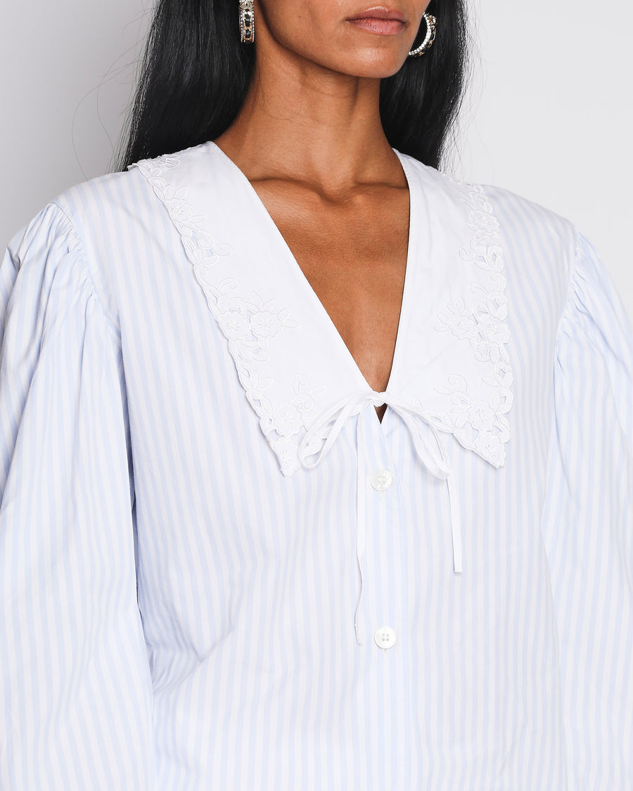 Miu Miu Light Blue and White Long-Sleeved Shirt with Embroidered Collar and Pearl Buttons with Front Tie Detail and Back Logo Print Size IT 42 (UK 10)