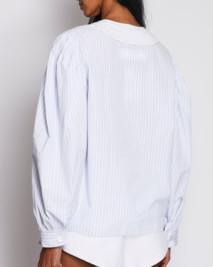 Miu Miu Light Blue and White Long-Sleeved Shirt with Embroidered Collar and Pearl Buttons with Front Tie Detail and Back Logo Print Size IT 42 (UK 10)