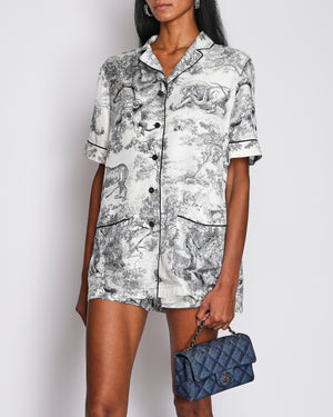 Christian Dior Navy and White Silk Toile de Jouy Printed Short-Sleeved Shirt and Shorts Pajama Set with Logo Buttons Size FR 40 (UK 12)