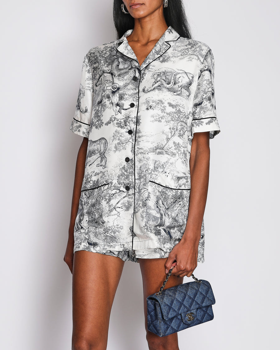 Christian Dior Navy and White Silk Toile de Jouy Printed Short-Sleeved Shirt and Shorts Pajama Set with Logo Buttons Size FR 40 (UK 12)