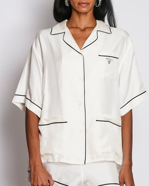 Prada White Silk Short-Sleeved Shirt and Shorts Set with Black Trims and Logo Detail Size M (UK 10)