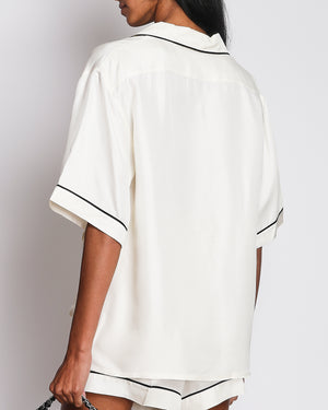 Prada White Silk Short-Sleeved Shirt and Shorts Set with Black Trims and Logo Detail Size M (UK 10)