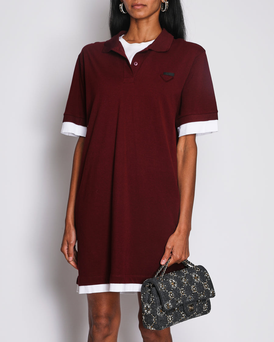 Prada Burgundy and White Short-Sleeved T-Shirt Mini Dress with Logo Detail Size IT 42 (UK 10)