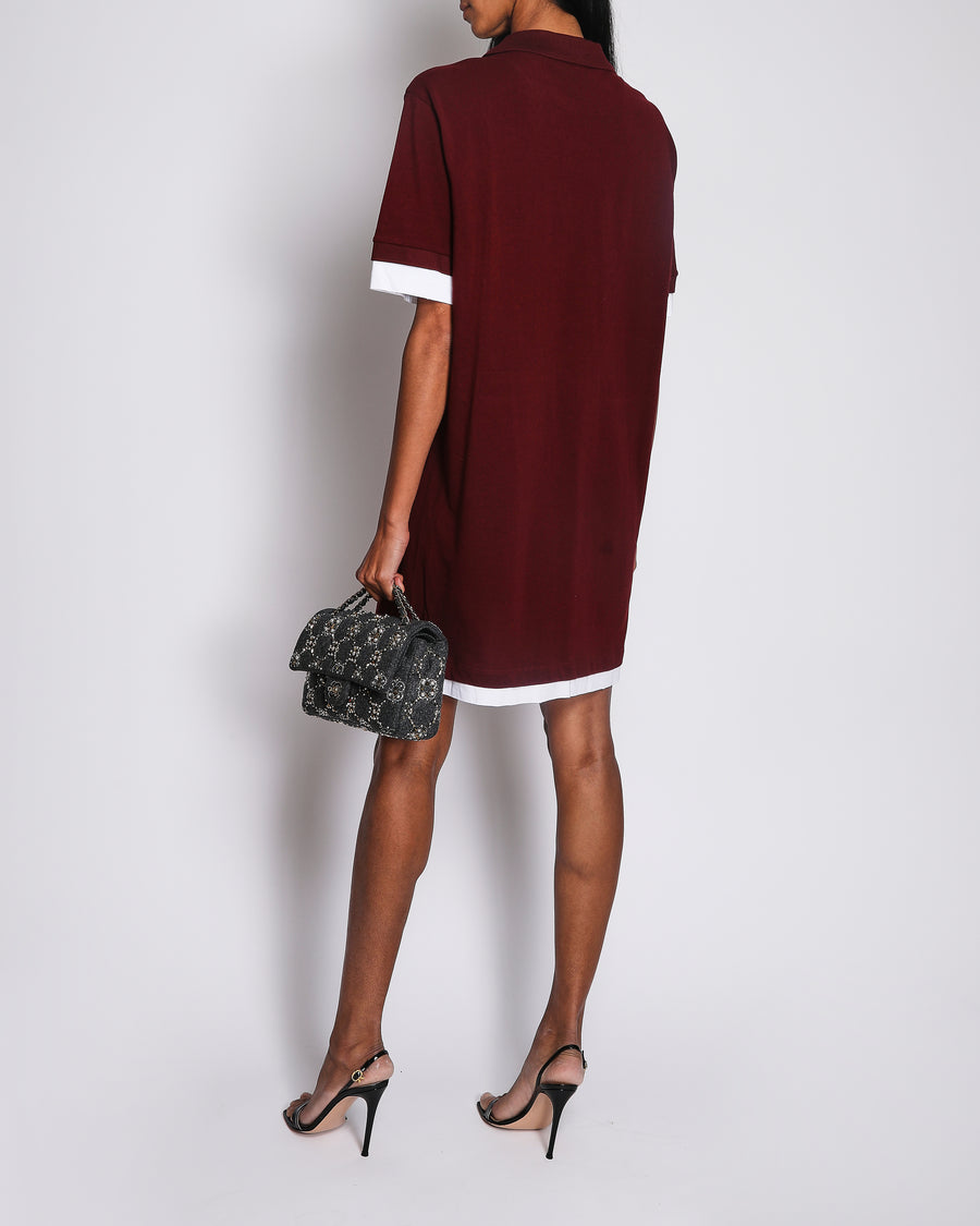 Prada Burgundy and White Short-Sleeved T-Shirt Mini Dress with Logo Detail Size IT 42 (UK 10)