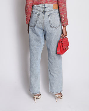Magda Butrym Light Blue Straight Leg Jeans with Bronze Logo Button Detail Size FR 36 (UK 8)
