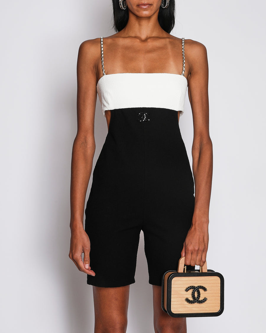 Chanel 22/S Black and White Sleeveless Jumpsuit with CC Logo and Chain Strap Detail Size FR 40 (UK 12)
