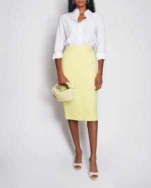 Chanel Yellow Tweed Midi Pencil Skirt with Crystal Embellished CC Logo Button Detail Size FR 40 (UK 12)