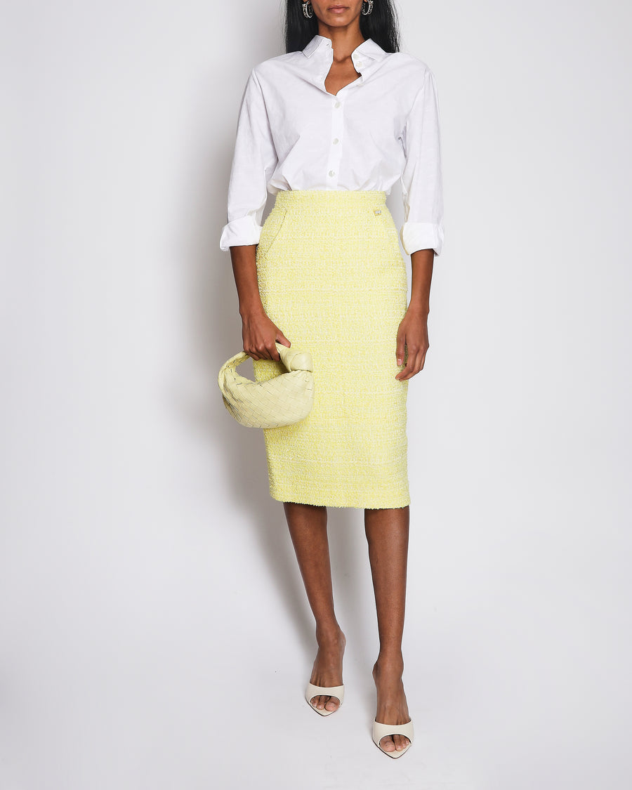 Chanel Yellow Tweed Midi Pencil Skirt with Crystal Embellished CC Logo Button Detail Size FR 40 (UK 12)