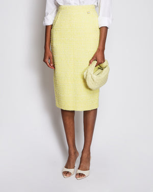 Chanel Yellow Tweed Midi Pencil Skirt with Crystal Embellished CC Logo Button Detail Size FR 40 (UK 12)