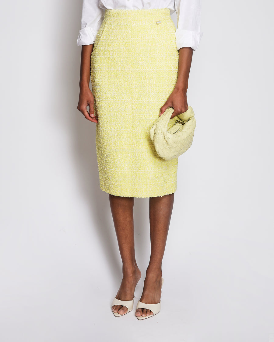 Chanel Yellow Tweed Midi Pencil Skirt with Crystal Embellished CC Logo Button Detail Size FR 40 (UK 12)