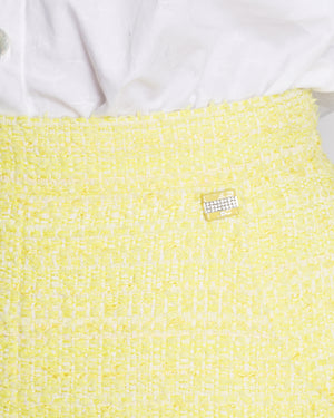 Chanel Yellow Tweed Midi Pencil Skirt with Crystal Embellished CC Logo Button Detail Size FR 40 (UK 12)