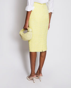 Chanel Yellow Tweed Midi Pencil Skirt with Crystal Embellished CC Logo Button Detail Size FR 40 (UK 12)