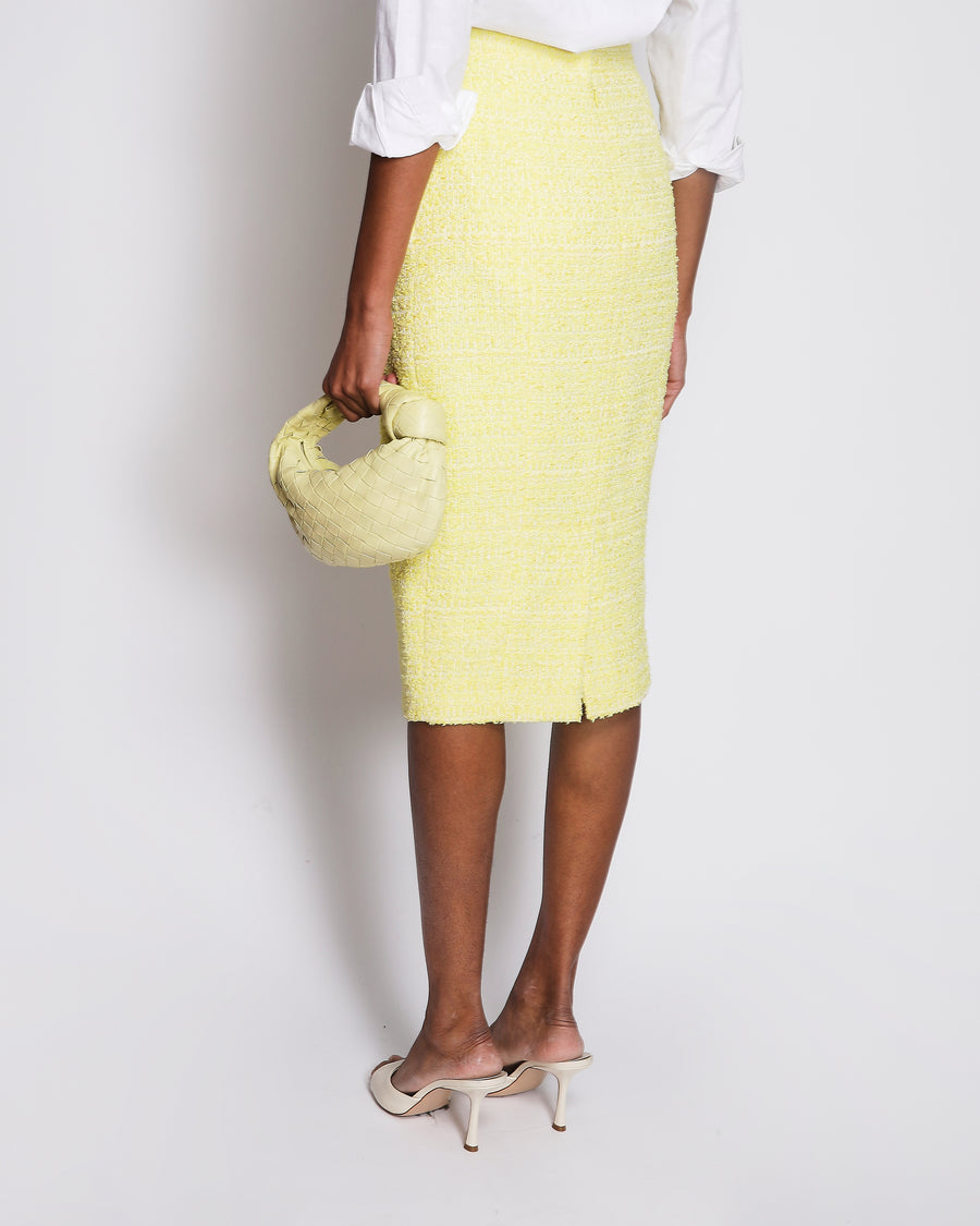 Chanel Yellow Tweed Midi Pencil Skirt with Crystal Embellished CC Logo Button Detail Size FR 40 (UK 12)