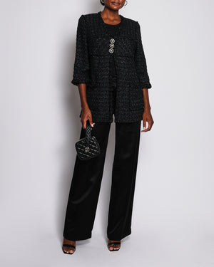 Chanel Vintage Navy and Black Fantasy Tweed Jacket with Silver Metallic Threads and Crystal and Pearl Buttons Size FR 38 (UK 10)