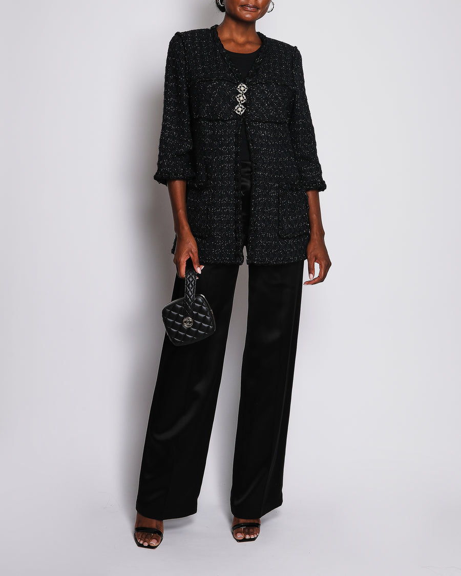 Chanel Vintage Navy and Black Fantasy Tweed Jacket with Silver Metallic Threads and Crystal and Pearl Buttons Size FR 38 (UK 10)