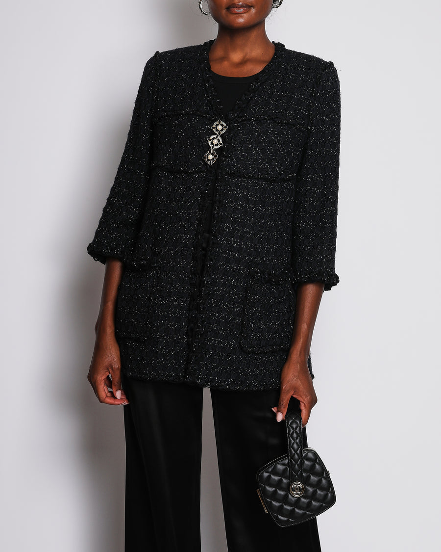 Chanel Vintage Navy and Black Fantasy Tweed Jacket with Silver Metallic Threads and Crystal and Pearl Buttons Size FR 38 (UK 10)