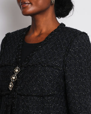 Chanel Vintage Navy and Black Fantasy Tweed Jacket with Silver Metallic Threads and Crystal and Pearl Buttons Size FR 38 (UK 10)