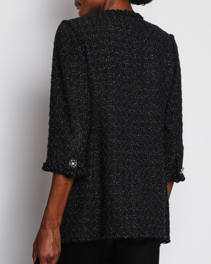 Chanel Vintage Navy and Black Fantasy Tweed Jacket with Silver Metallic Threads and Crystal and Pearl Buttons Size FR 38 (UK 10)