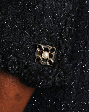 Chanel Vintage Navy and Black Fantasy Tweed Jacket with Silver Metallic Threads and Crystal and Pearl Buttons Size FR 38 (UK 10)